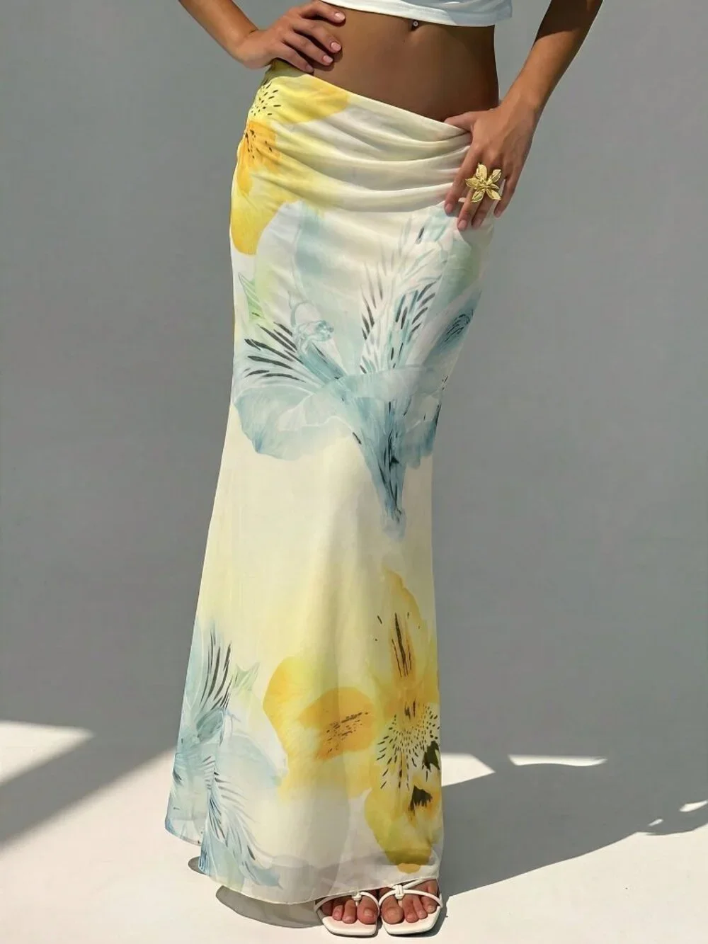 Yellow Boho Women's Elegant Floral Print Low Waist Skirt